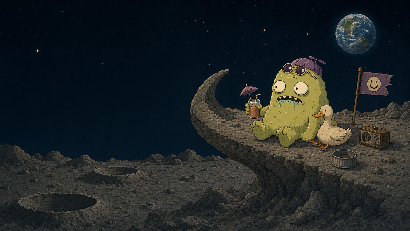 Goob and his duck friend relax on a lunar ridge beneath one distant Earth.