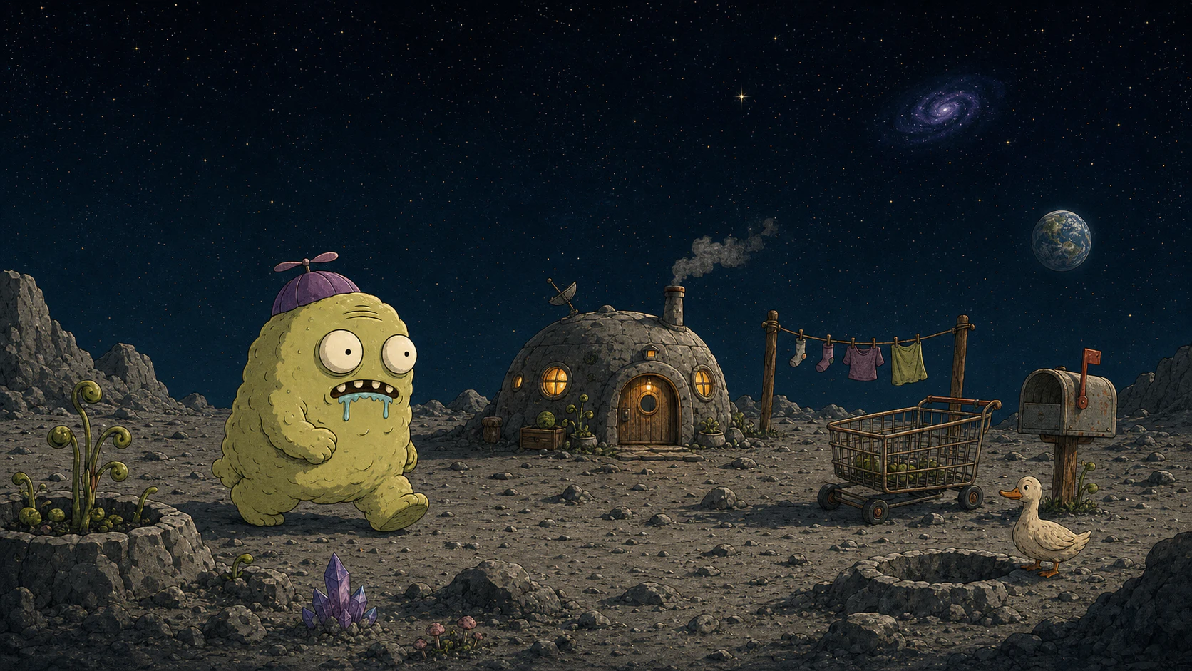 Goob walks past his warmly lit moon home, clothesline, bean cart, mailbox, crystals, and duck.