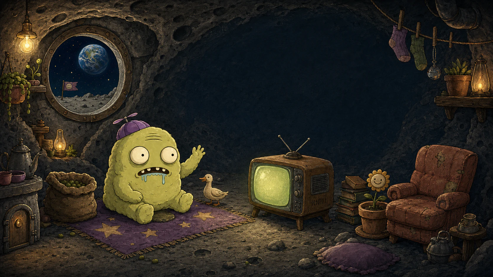 Inside Goob's cozy stone moon home with a glowing television, duck, bean sack, armchair, and porthole view of Earth.